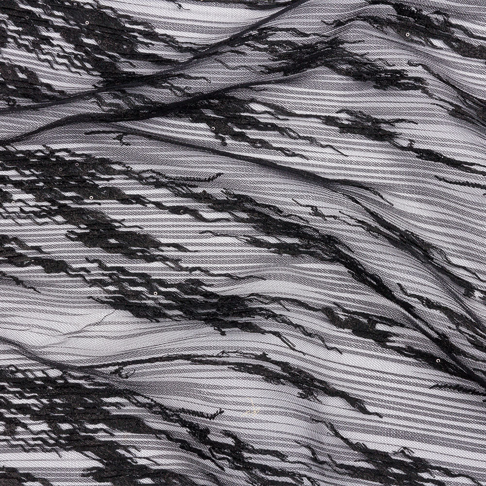 Linden Black Abstract Embroidered Soft Pleated Tulle with Clear Baby Sequins