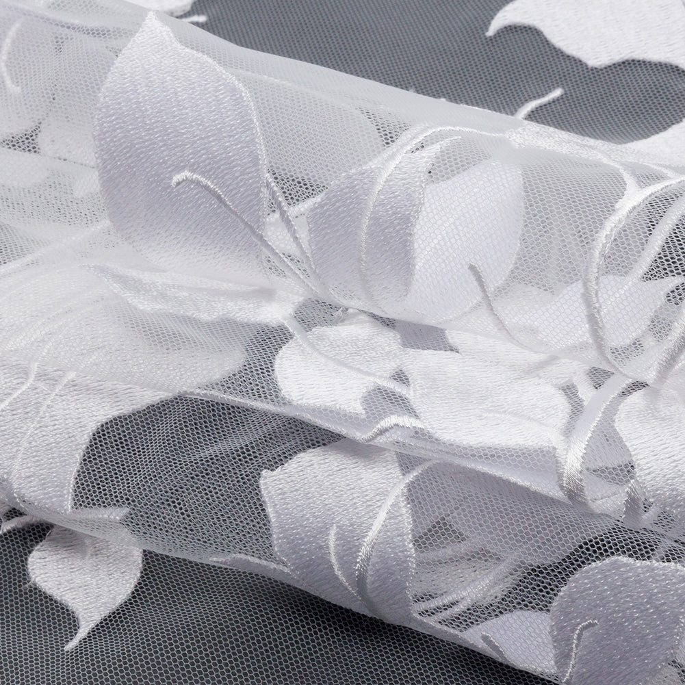 Magnolia White Leafy Branches Embroidered Tulle Lace - Full