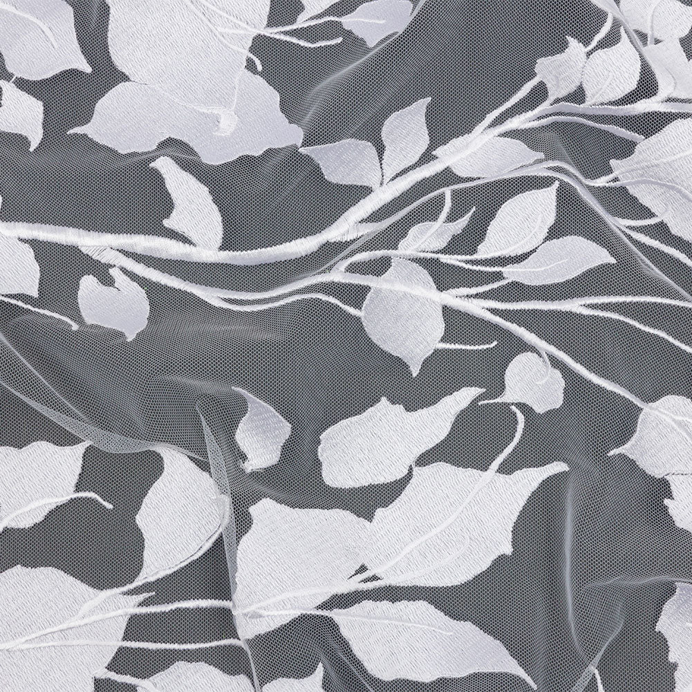 Magnolia White Leafy Branches Embroidered Tulle Lace
