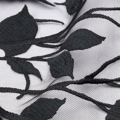 Embroidered Tulle Lace - Black Leafy Branches - Magnolia Collection Folded