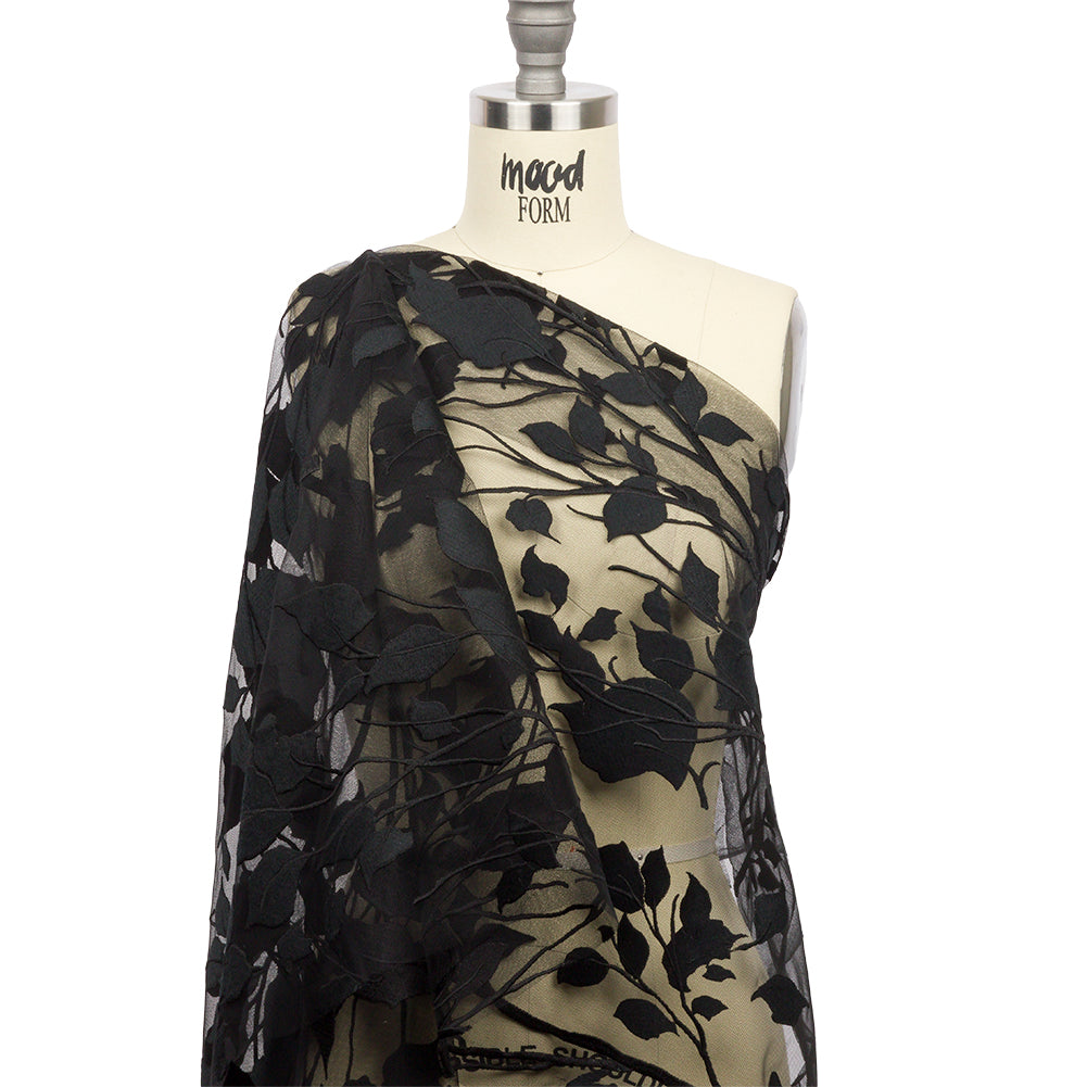 Embroidered Tulle Lace - Black Leafy Branches - Magnolia Collection Detail