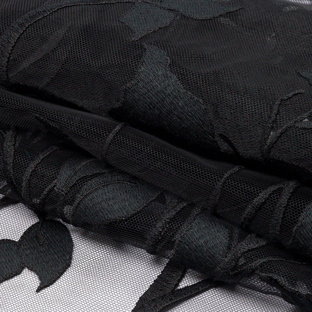 Embroidered Tulle Lace - Black Leafy Branches - Magnolia Collection Full