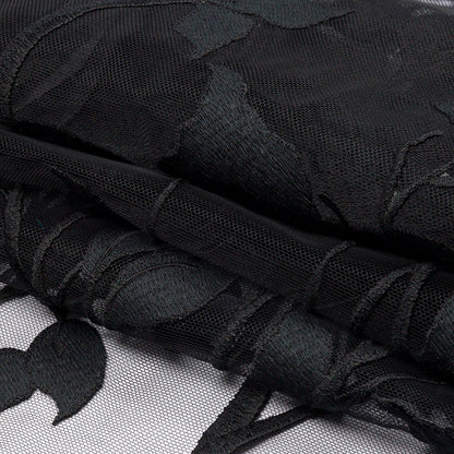 Embroidered Tulle Lace - Black Leafy Branches - Magnolia Collection Full