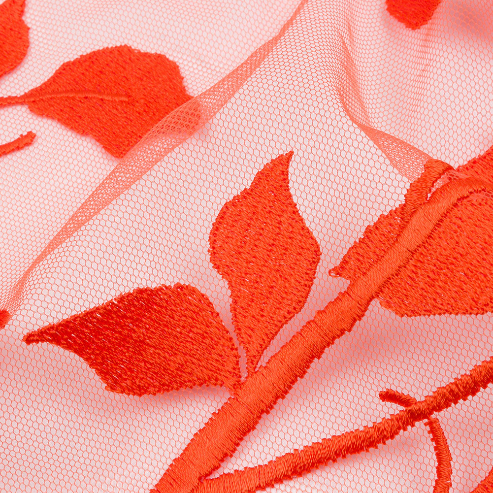 Magnolia Orange Leafy Branches Embroidered Tulle Lace - Folded