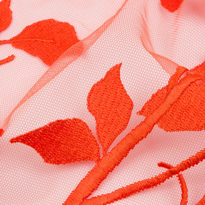 Magnolia Orange Leafy Branches Embroidered Tulle Lace - Folded