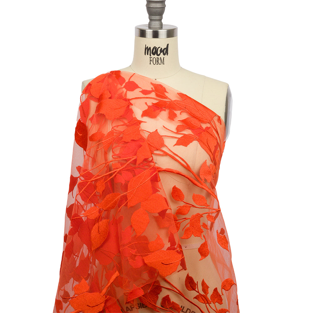 Magnolia Orange Leafy Branches Embroidered Tulle Lace - Detail