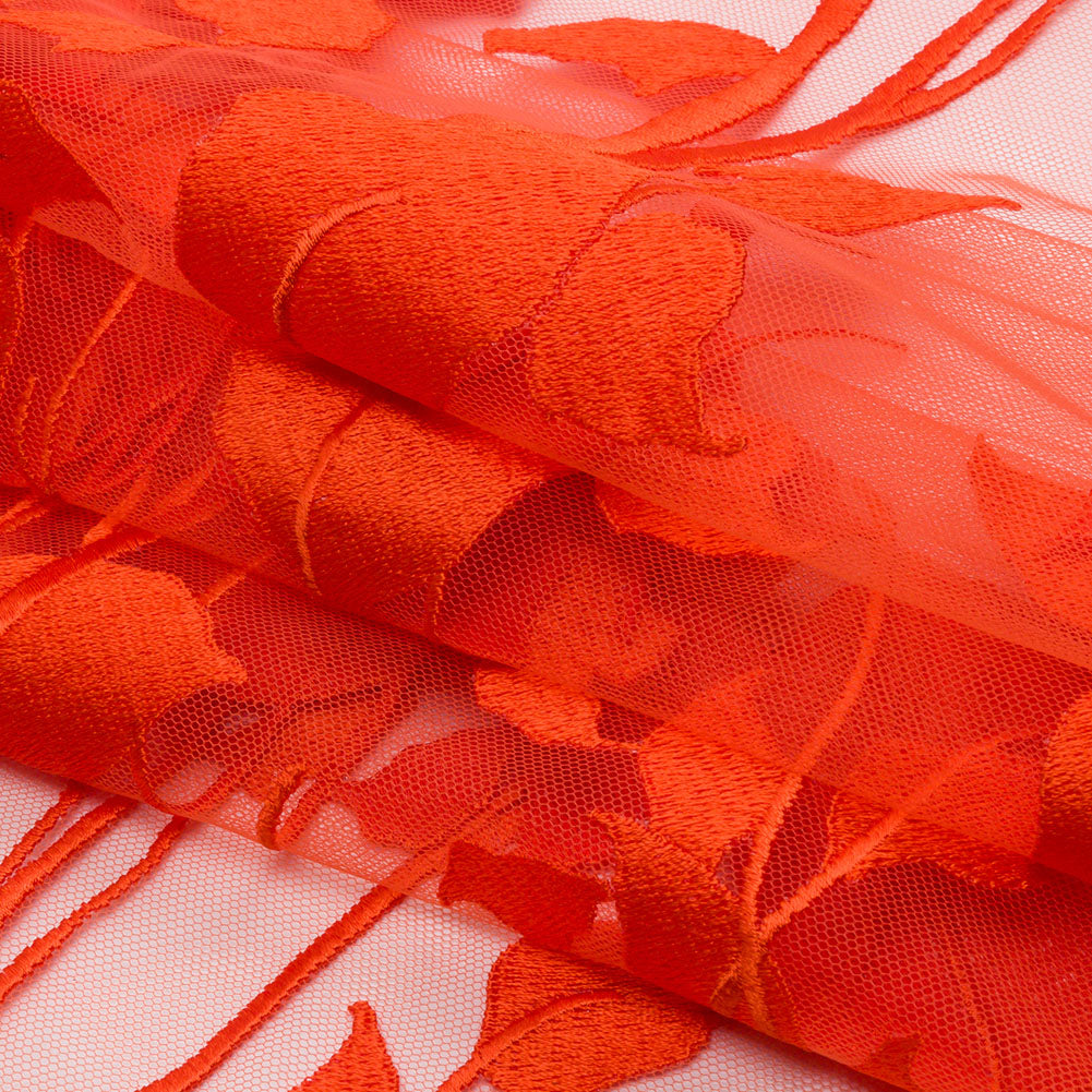 Magnolia Orange Leafy Branches Embroidered Tulle Lace - Full