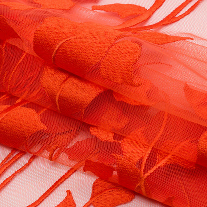 Magnolia Orange Leafy Branches Embroidered Tulle Lace - Full