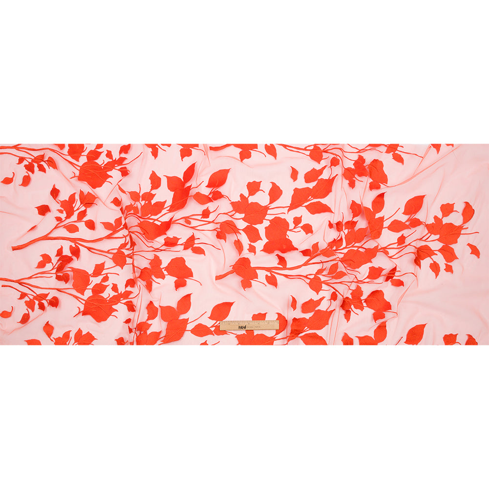 Magnolia Orange Leafy Branches Embroidered Tulle Lace - Drape