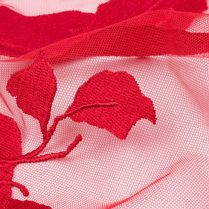 Magnolia Red Leafy Branches Embroidered Tulle Lace - Folded