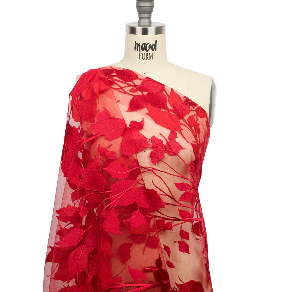 Magnolia Red Leafy Branches Embroidered Tulle Lace - Detail