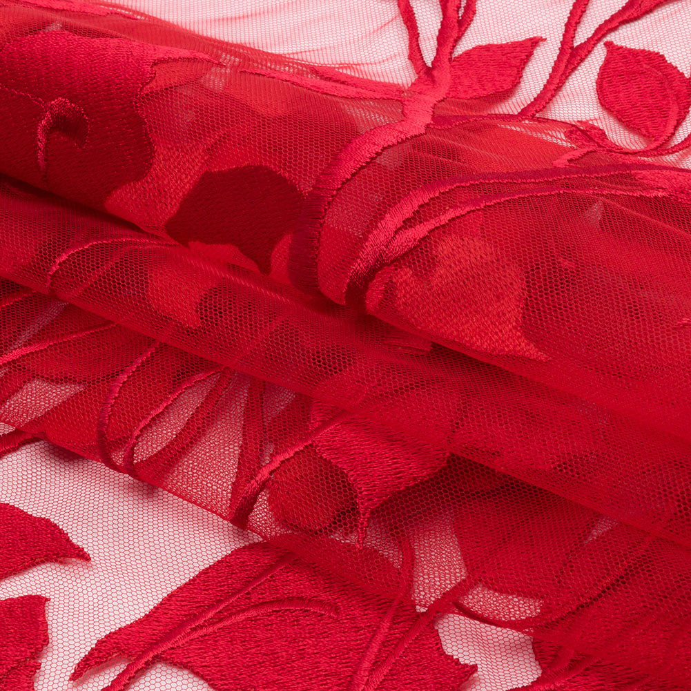 Magnolia Red Leafy Branches Embroidered Tulle Lace - Full