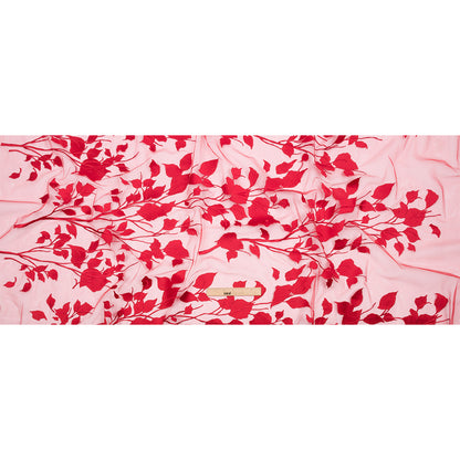 Magnolia Red Leafy Branches Embroidered Tulle Lace - Drape