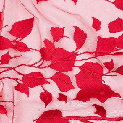 Magnolia Red Leafy Branches Embroidered Tulle Lace