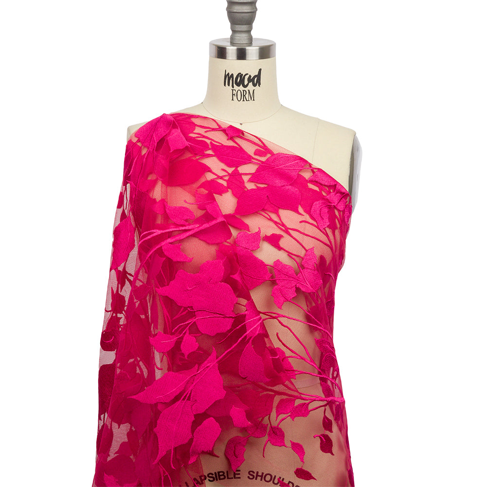 Embroidered Tulle Lace - Fuchsia Leafy Branches - Magnolia Collection Detail