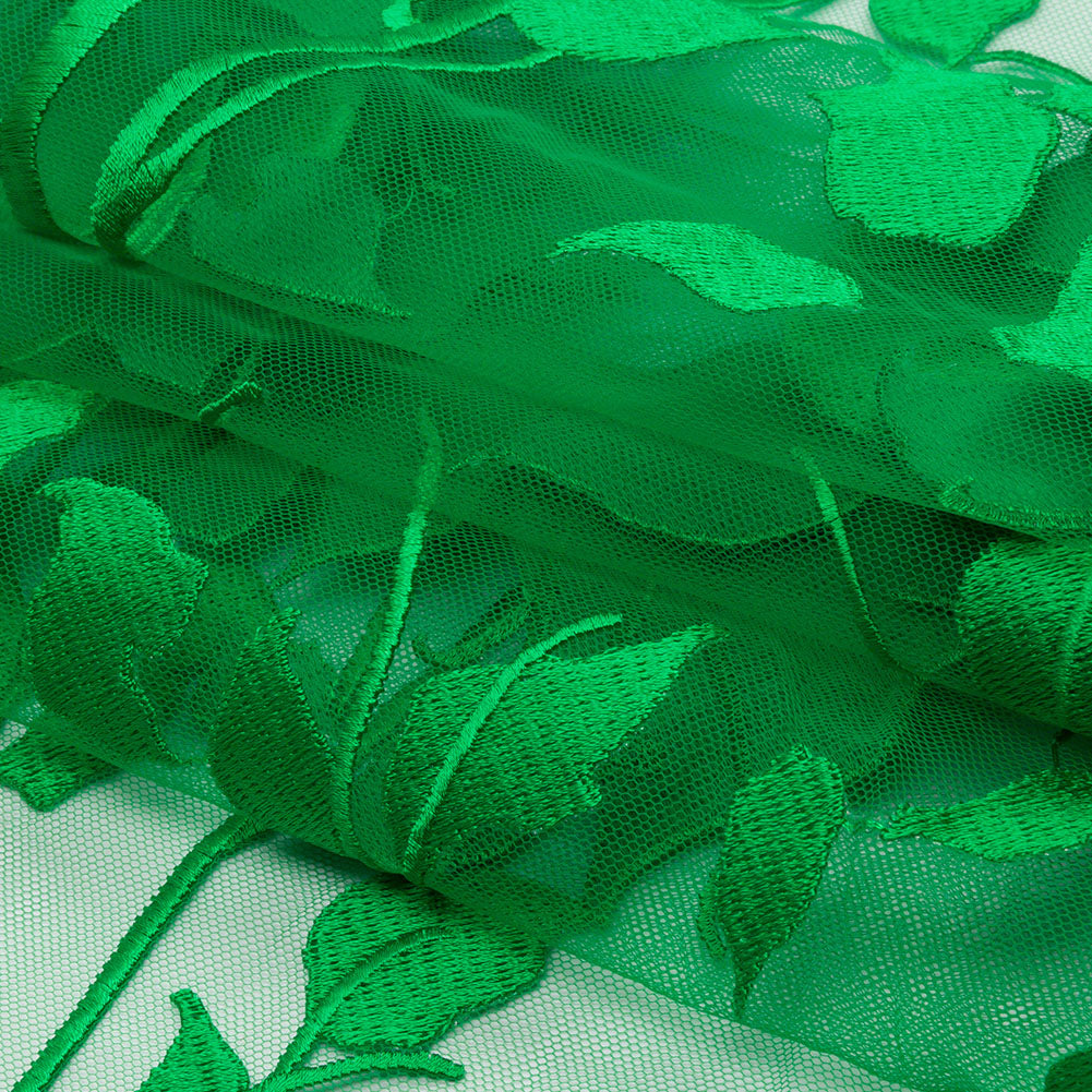 Magnolia Green Leafy Branches Embroidered Tulle Lace - Full
