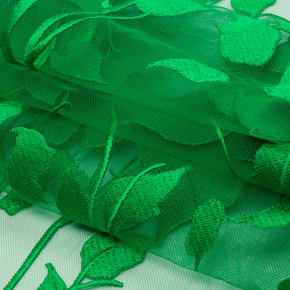 Magnolia Green Leafy Branches Embroidered Tulle Lace - Full