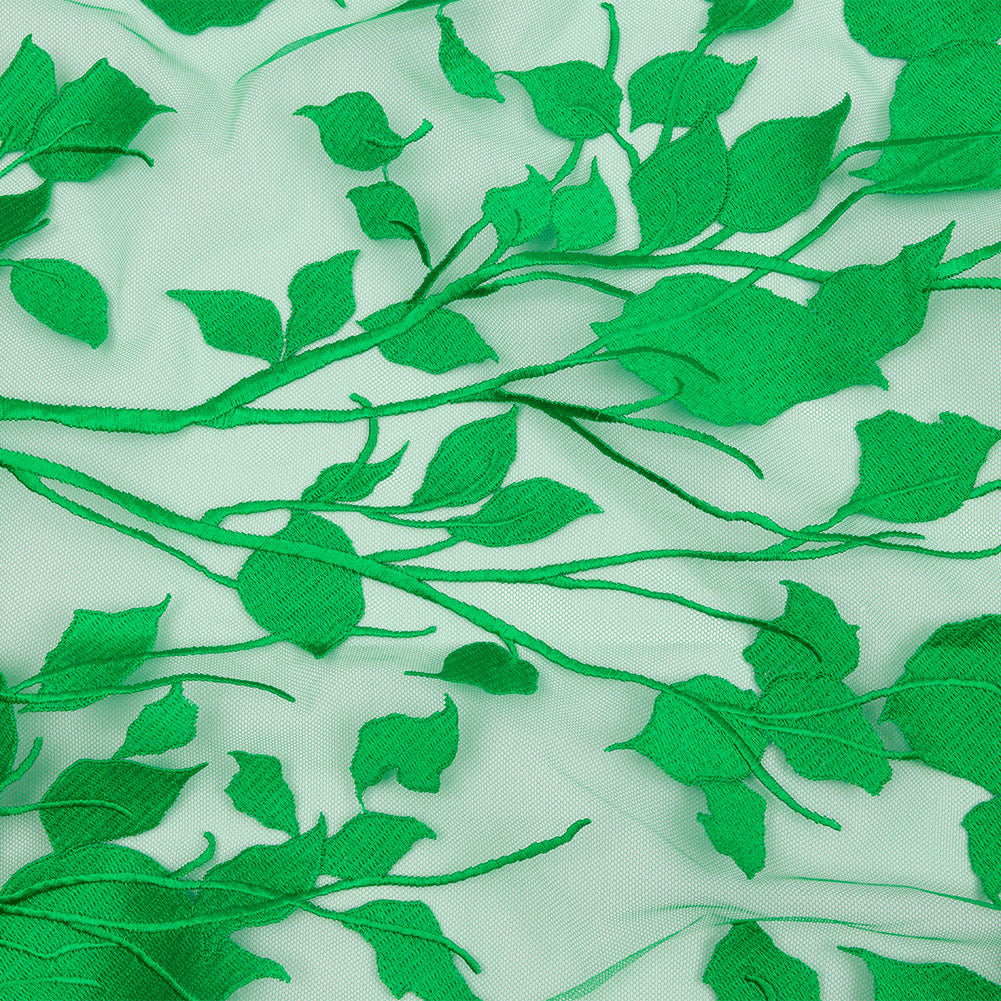 Magnolia Green Leafy Branches Embroidered Tulle Lace