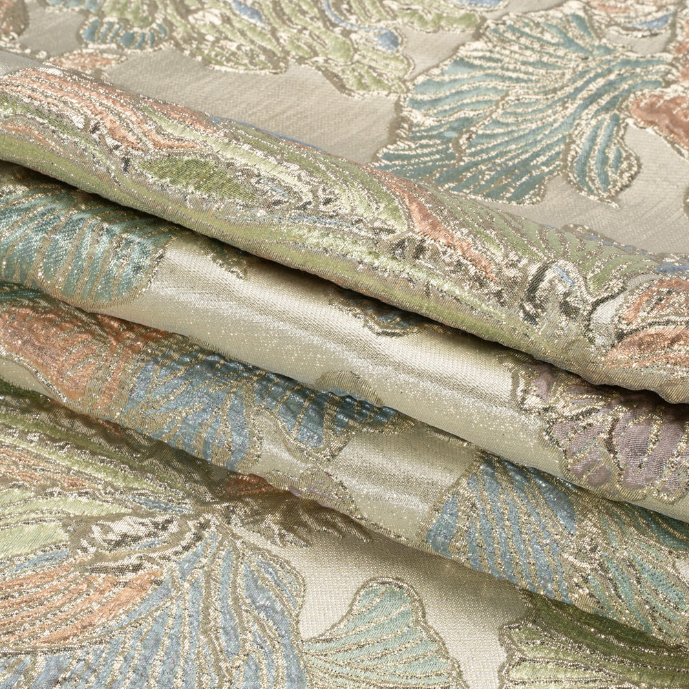 Metallic Silver, Green and Blue Liquid Leaves Luxury Brocade - Full