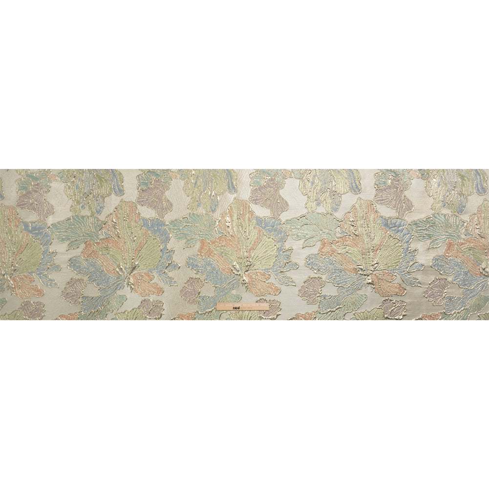 Metallic Silver, Green and Blue Liquid Leaves Luxury Brocade - Drape