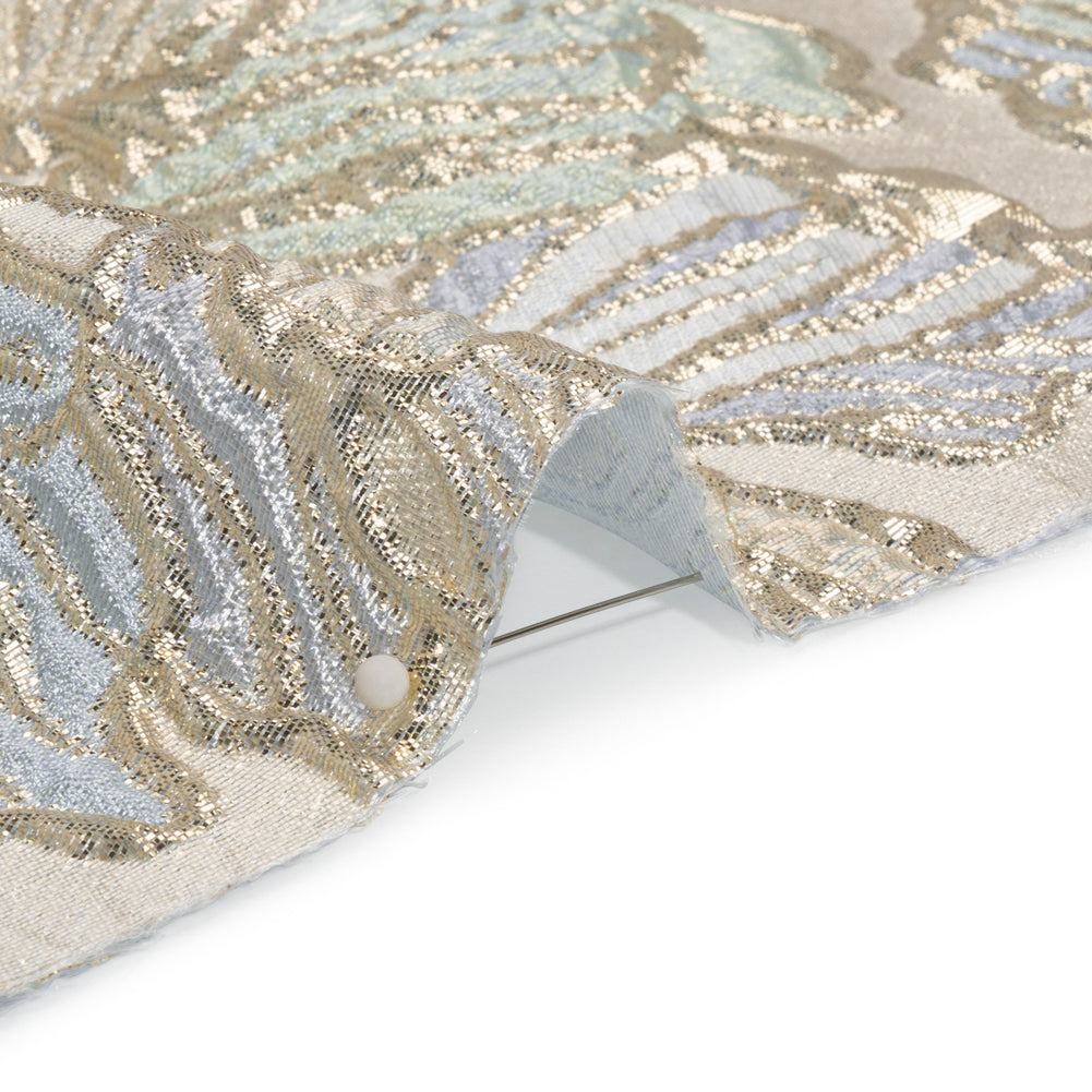 Metallic Silver, Periwinkle and Baby Blue Liquid Leaves Luxury Brocade - Folded