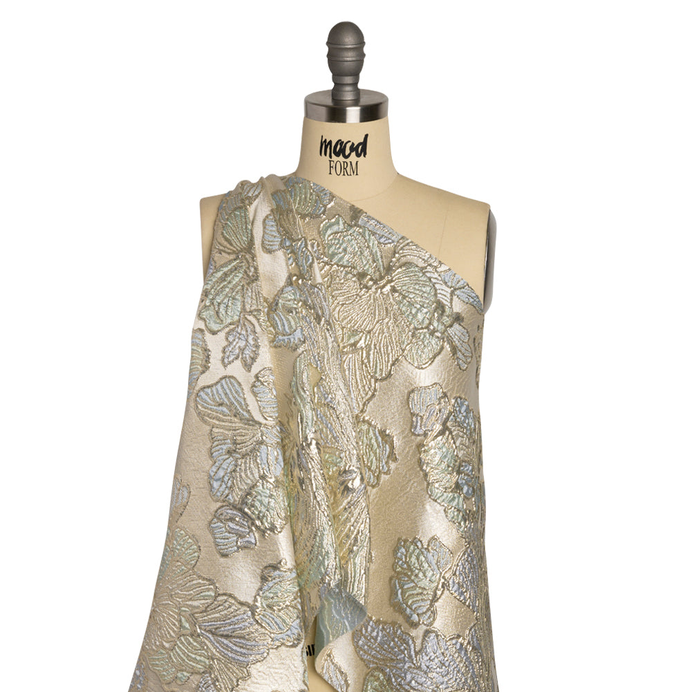 Metallic Silver, Periwinkle and Baby Blue Liquid Leaves Luxury Brocade - Detail