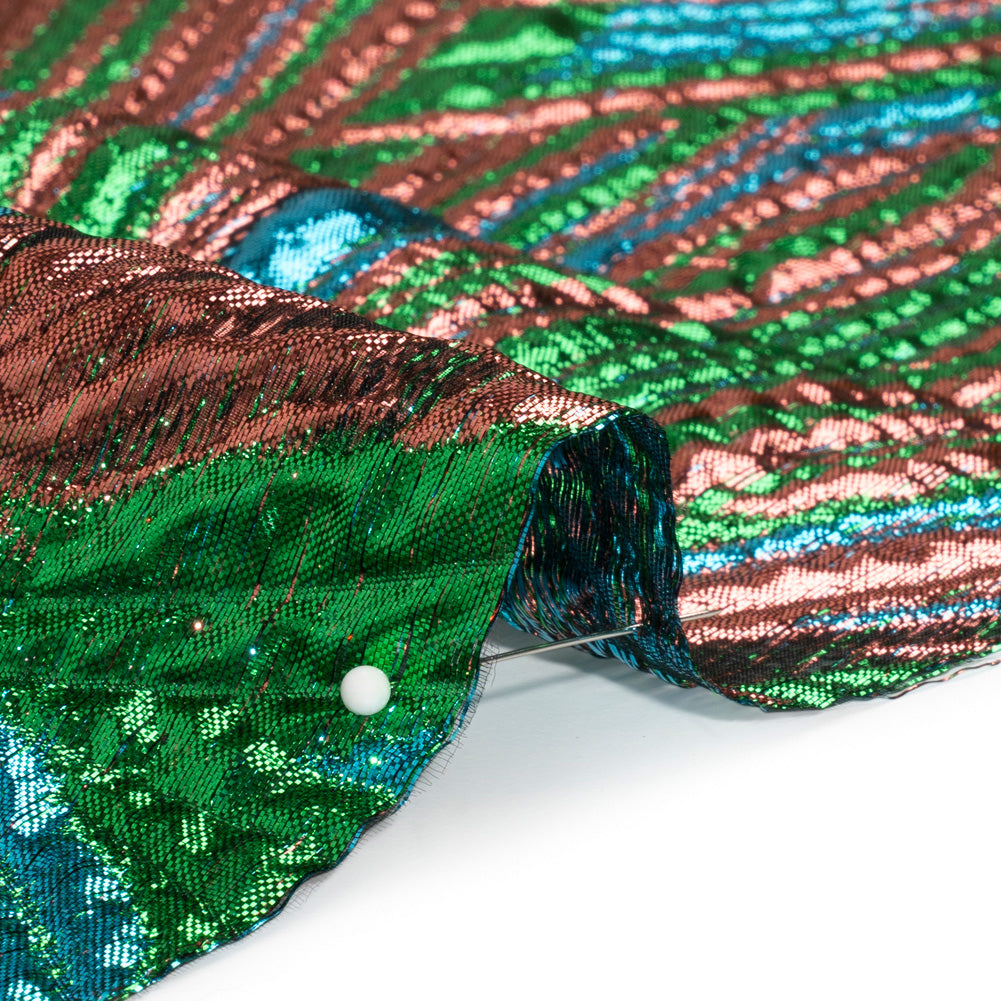 Metallic Copper, Kelly Green and Teal Radiating Lines Luxury Brocade - Folded