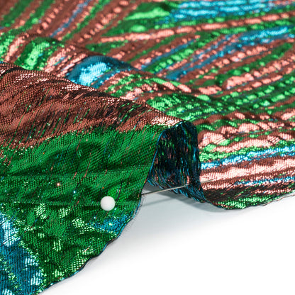 Metallic Copper, Kelly Green and Teal Radiating Lines Luxury Brocade - Folded