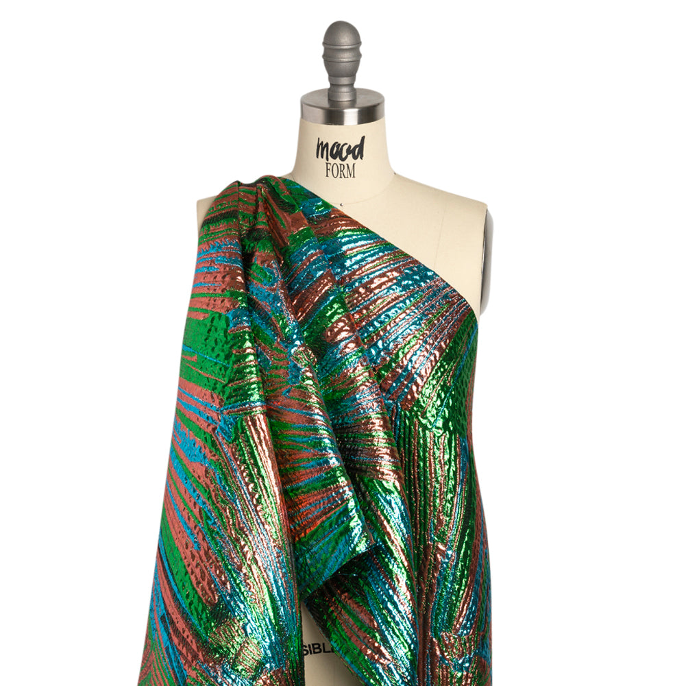Metallic Copper, Kelly Green and Teal Radiating Lines Luxury Brocade - Detail