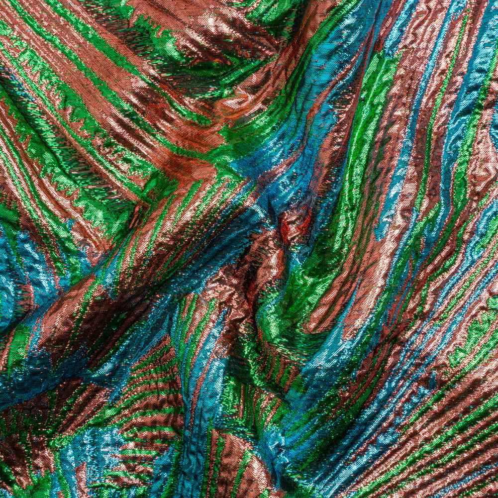 Metallic Copper, Kelly Green and Teal Radiating Lines Luxury Brocade