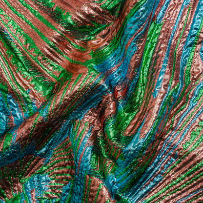 Metallic Copper, Kelly Green and Teal Radiating Lines Luxury Brocade