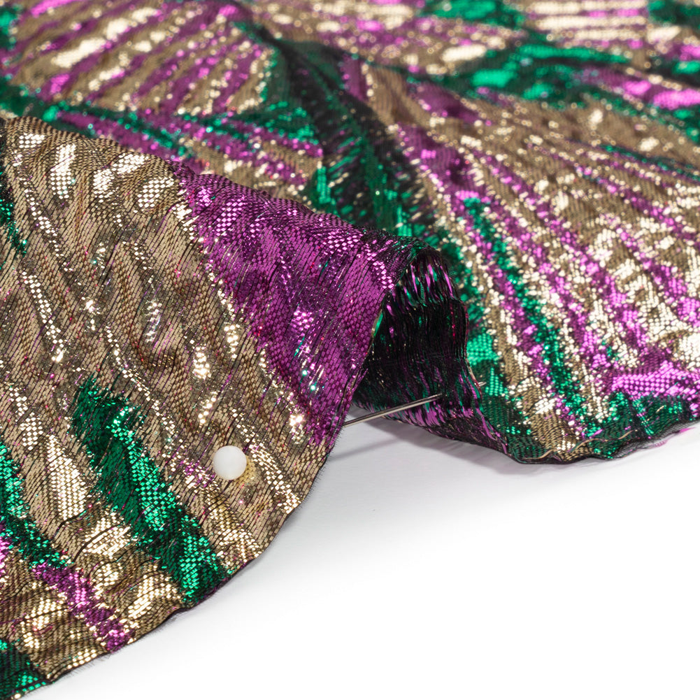 Metallic Gold, Fuchsia and Green Radiating Lines Luxury Brocade - Folded