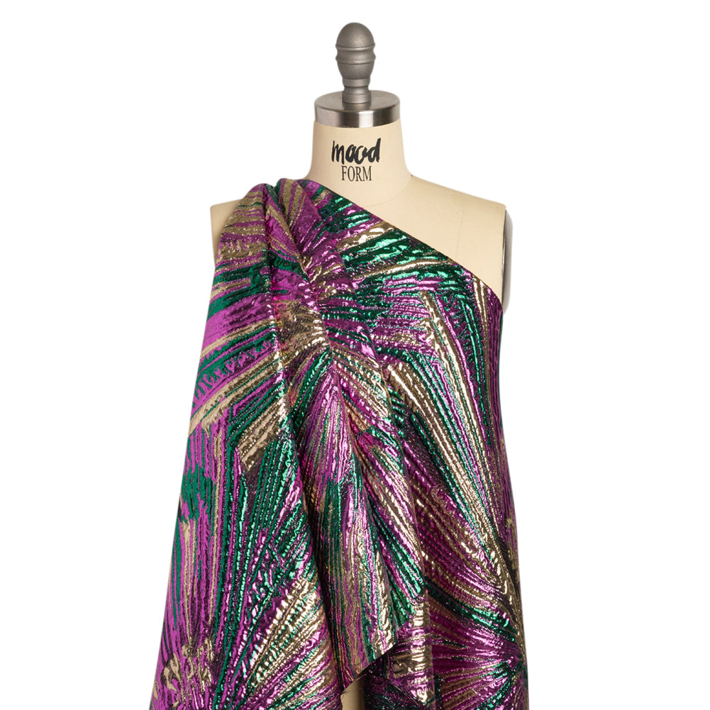 Metallic Gold, Fuchsia and Green Radiating Lines Luxury Brocade - Detail