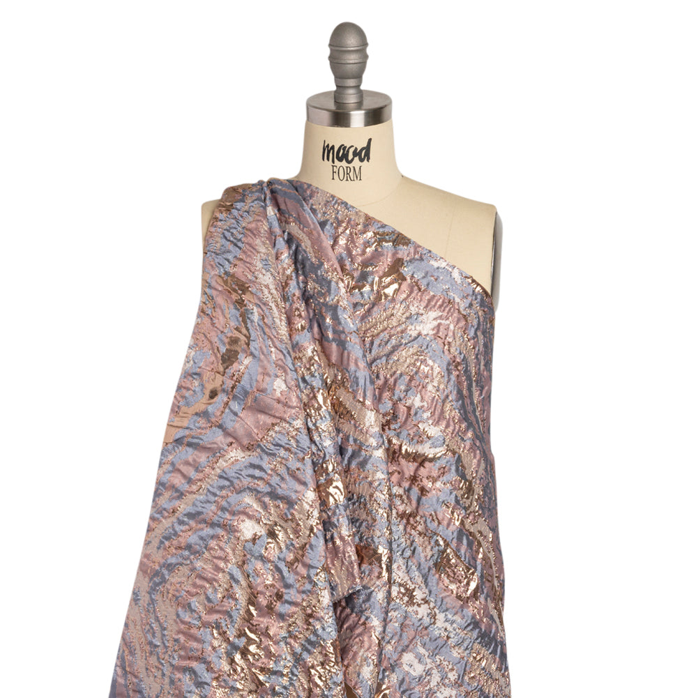 Metallic Gold, Mauve and Light Blue Abstract Waves Luxury Brocade Detail