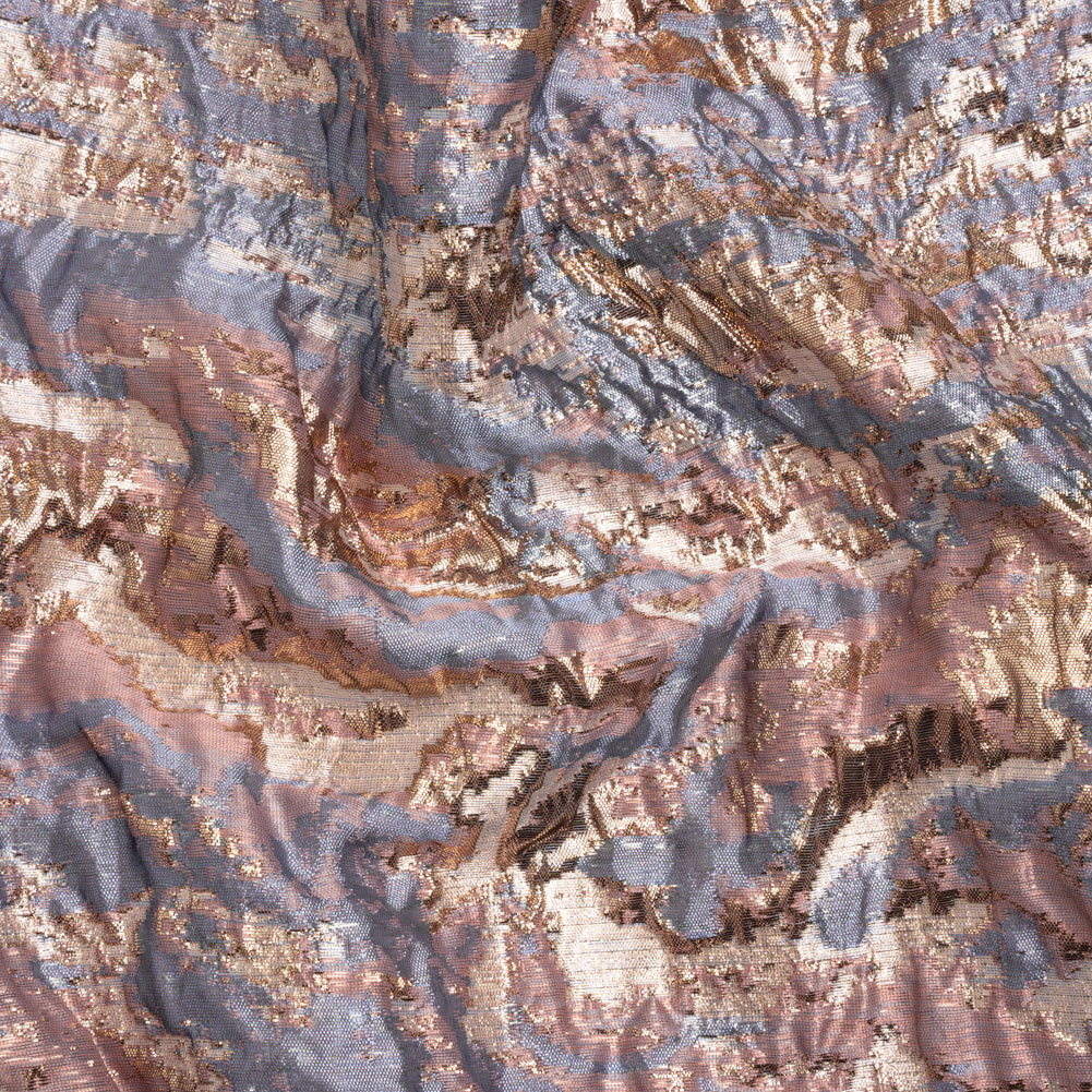 Metallic Gold, Mauve and Light Blue Abstract Waves Luxury Brocade