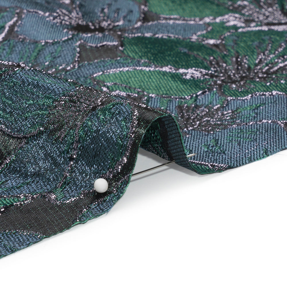 Metallic Black, Navy and Deep Green Floral Frolic Luxury Brocade Folded