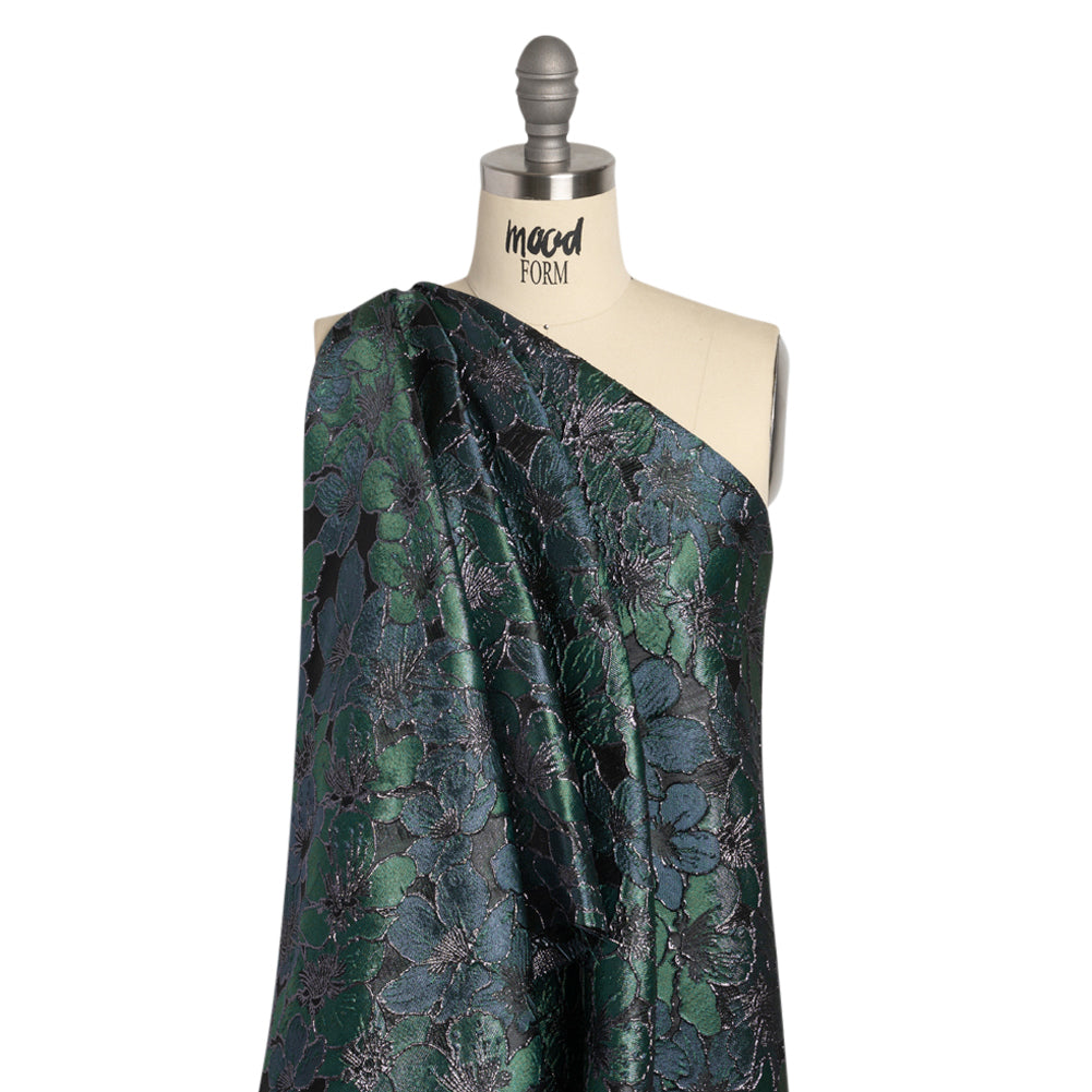 Metallic Black, Navy and Deep Green Floral Frolic Luxury Brocade Detail