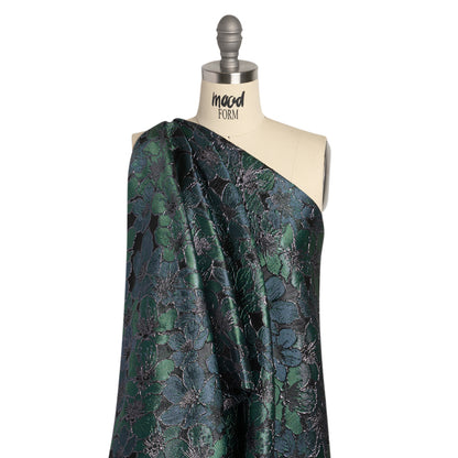 Metallic Black, Navy and Deep Green Floral Frolic Luxury Brocade Detail