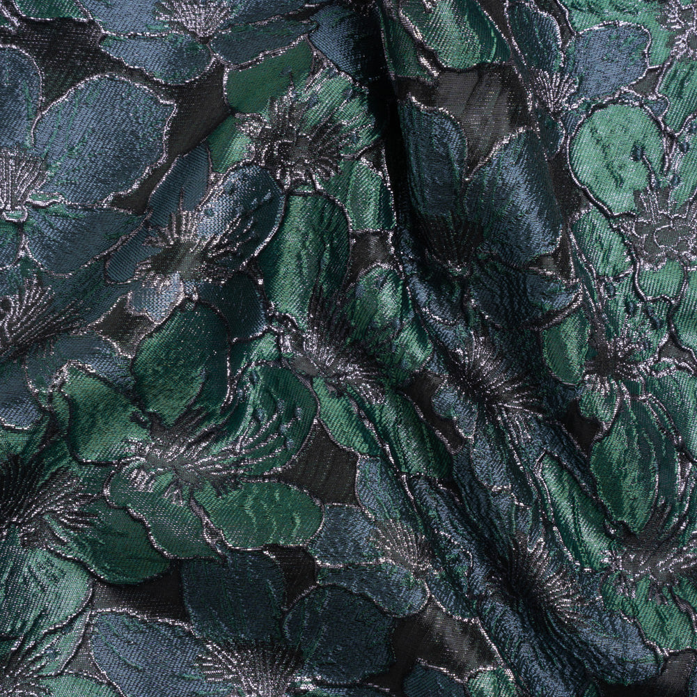 Metallic Black, Navy and Deep Green Floral Frolic Luxury Brocade