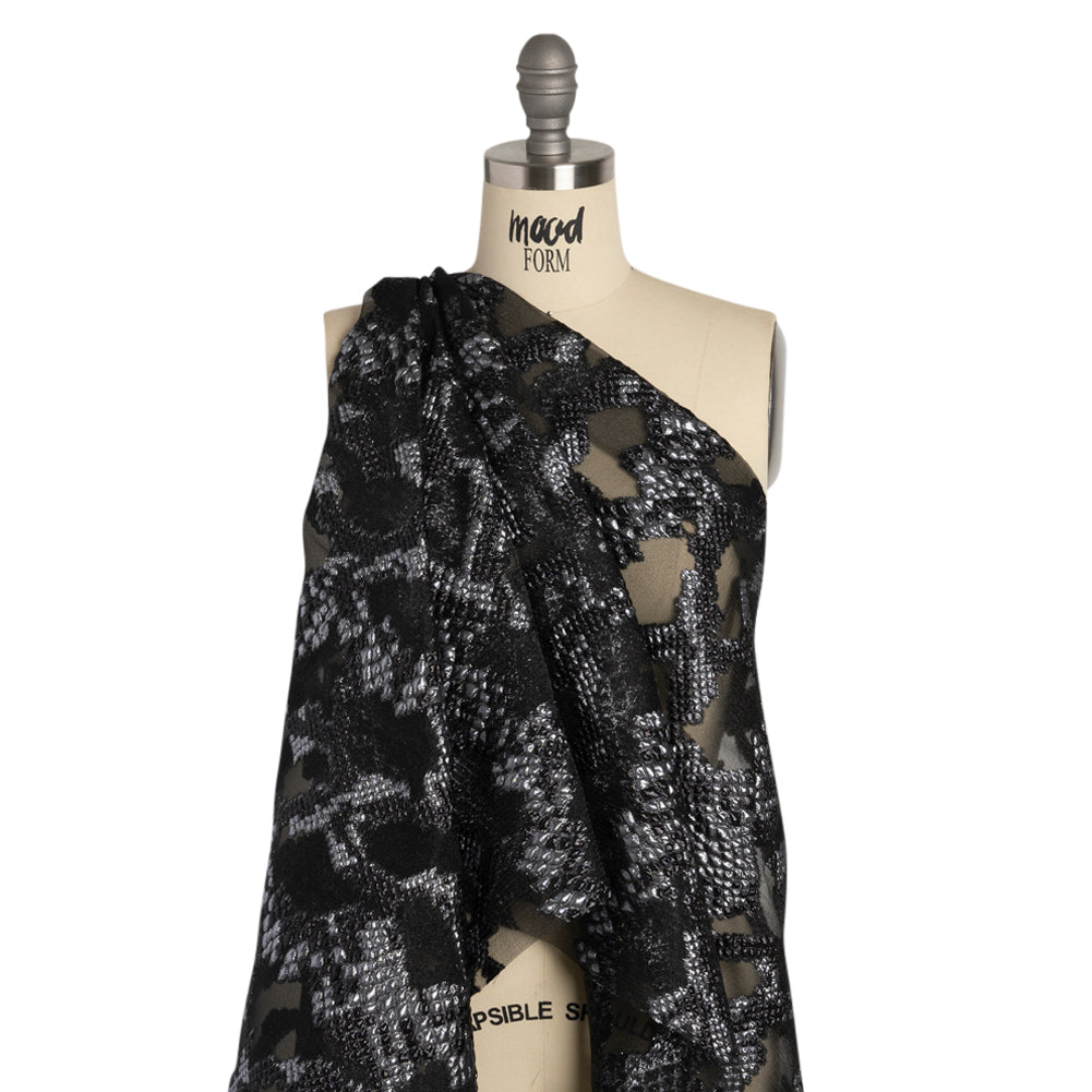 Metallic Gray and Black Snakeskin Sprawl Burnout Luxury Brocade - Detail