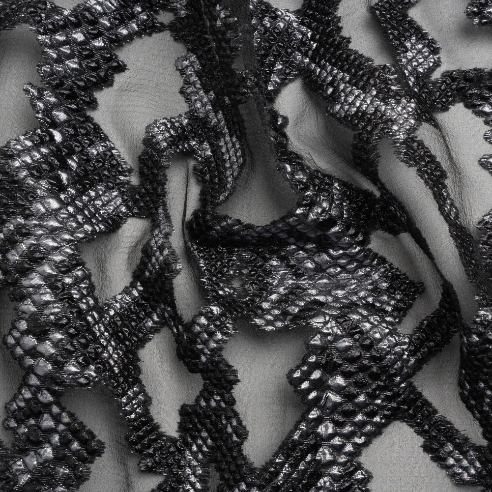 Metallic Gray and Black Snakeskin Sprawl Burnout Luxury Brocade