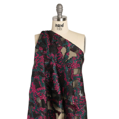 Metallic Fuchsia, Teal and Black Snakeskin Sprawl Burnout Luxury Brocade - Detail