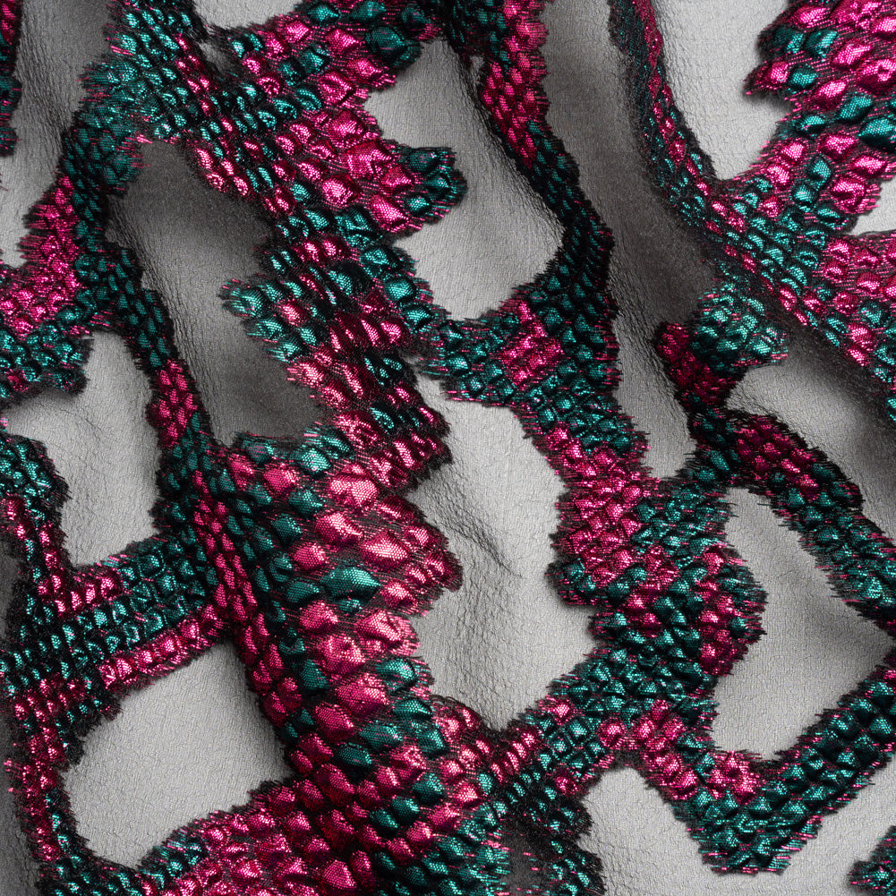 Metallic Fuchsia, Teal and Black Snakeskin Sprawl Burnout Luxury Brocade