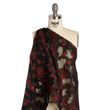 Metallic Red and Black Snakeskin Sprawl Burnout Luxury Brocade - Detail