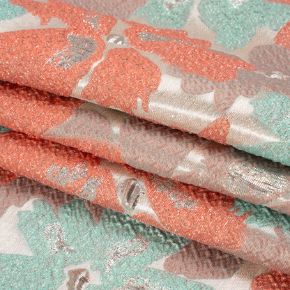 Metallic Silver, Coral and Turquoise Floating Blossoms Luxury Brocade - Full