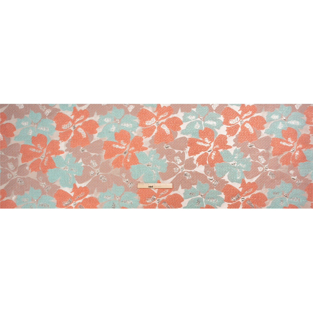 Metallic Silver, Coral and Turquoise Floating Blossoms Luxury Brocade - Drape