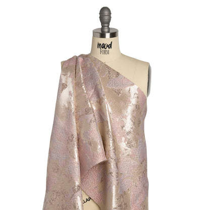 Metallic Silver, Pink and Beige Painted Flowers Luxury Brocade - Detail