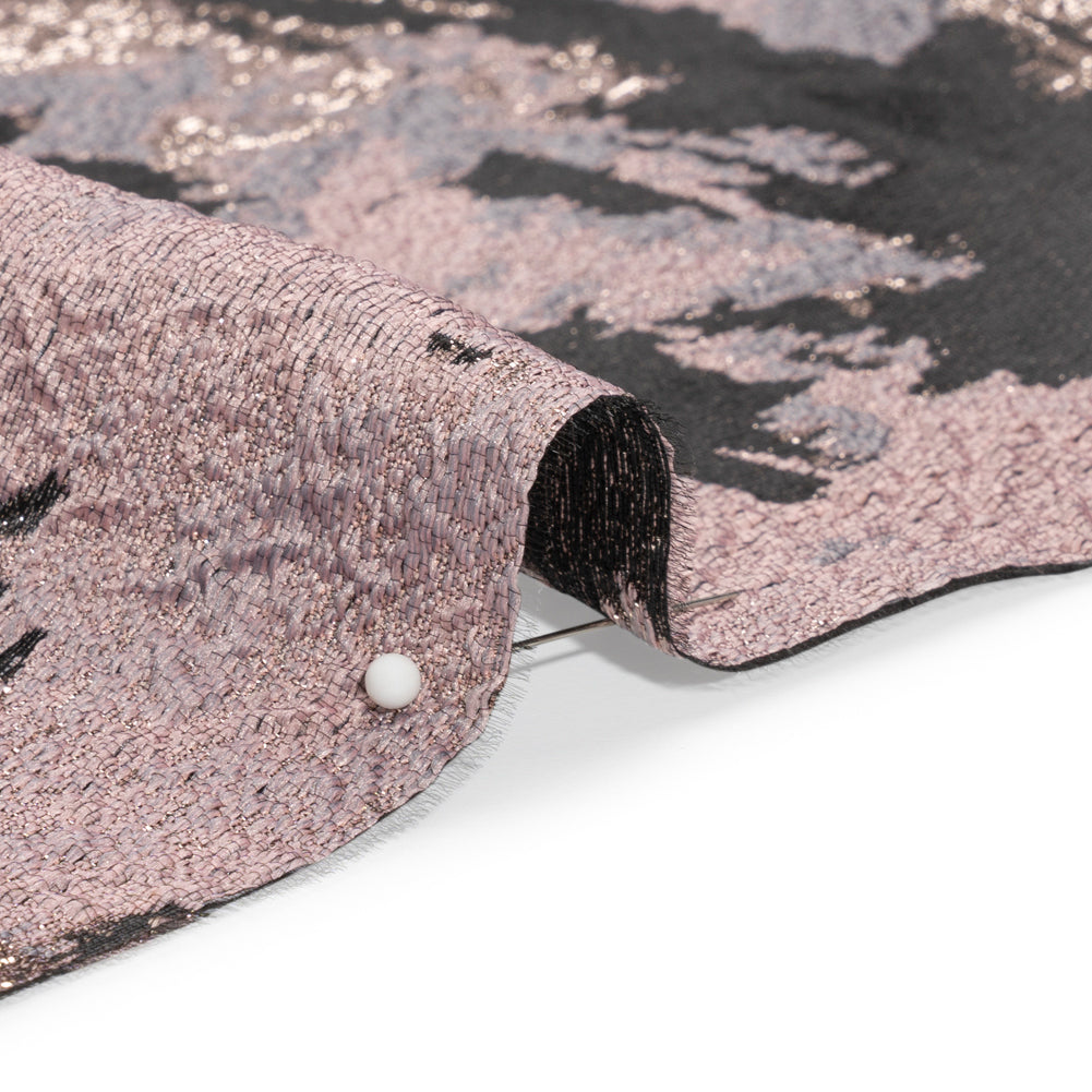Metallic Silver, Mauve and Black Painted Flowers Luxury Brocade Folded
