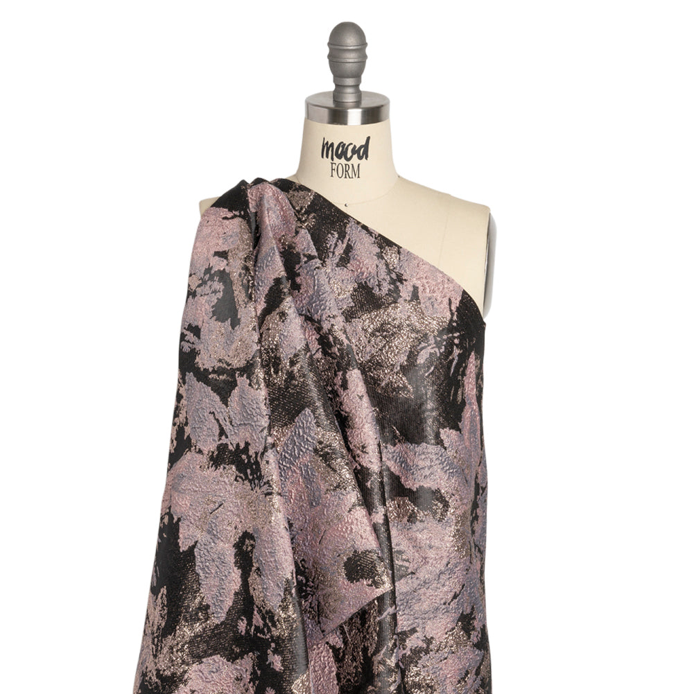 Metallic Silver, Mauve and Black Painted Flowers Luxury Brocade Detail