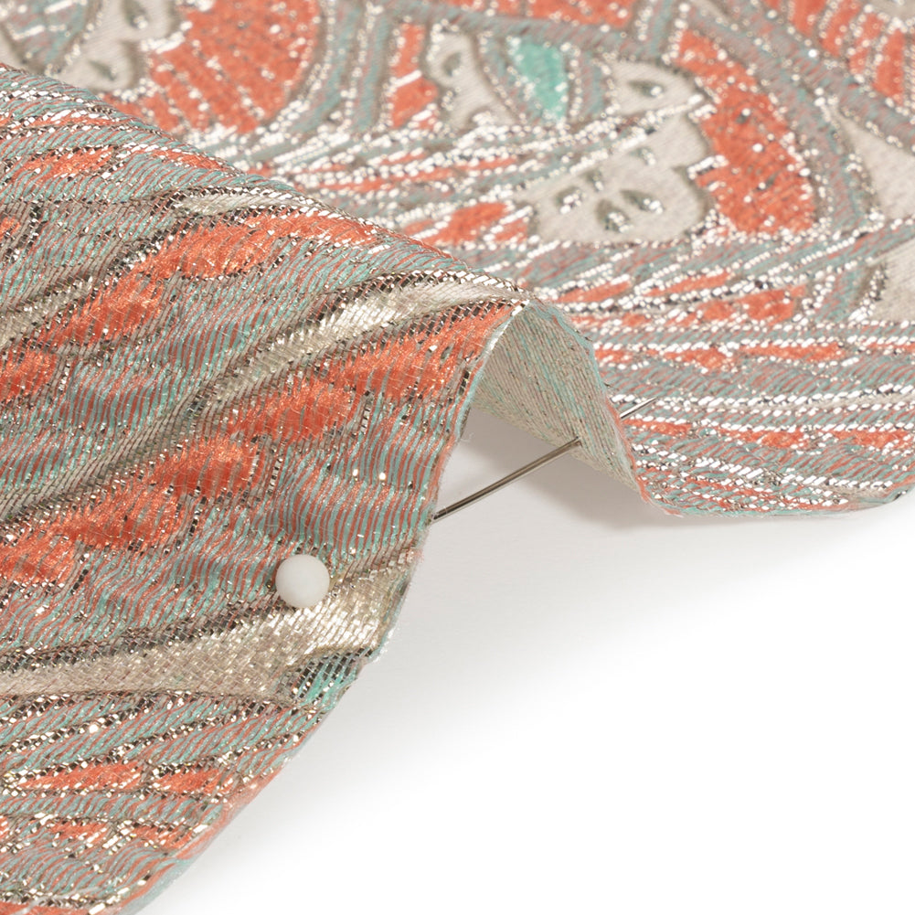 Metallic Silver, Peach and Robin's Egg Blue Gleaming Garden Luxury Brocade Folded